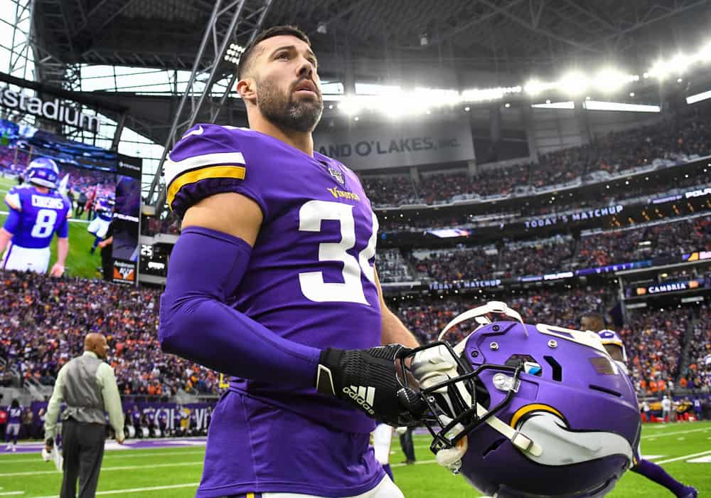 Minnesota Vikings Safety Andrew Sendejo (34) heads to the sidelines during a game between the Denver Broncos and Minnesota Vikings on November 17, 2019 at U.S. Bank Stadium in Minneapolis, MN.