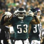 Philadelphia Eagles Linebacker Nigel Bradham (53) reacts after recovering a fumble during the football game between the Minnesota Vikings and the Philadelphia Eagles on October 7, 2018, at Lincoln Financial Field in Philadelphia, PA.
