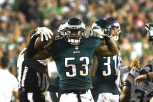 Philadelphia Eagles Linebacker Nigel Bradham (53) reacts after recovering a fumble during the football game between the Minnesota Vikings and the Philadelphia Eagles on October 7, 2018, at Lincoln Financial Field in Philadelphia, PA.