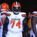 Cleveland Browns Offensive Tackle Chris Hubbard (74) looks on before the National Football League game between the Cleveland Browns and the San Francisco 49ers on October 7, 2019, at Levi's Stadium in Santa Clara, CA.