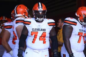 Cleveland Browns Offensive Tackle Chris Hubbard (74) looks on before the National Football League game between the Cleveland Browns and the San Francisco 49ers on October 7, 2019, at Levi's Stadium in Santa Clara, CA.