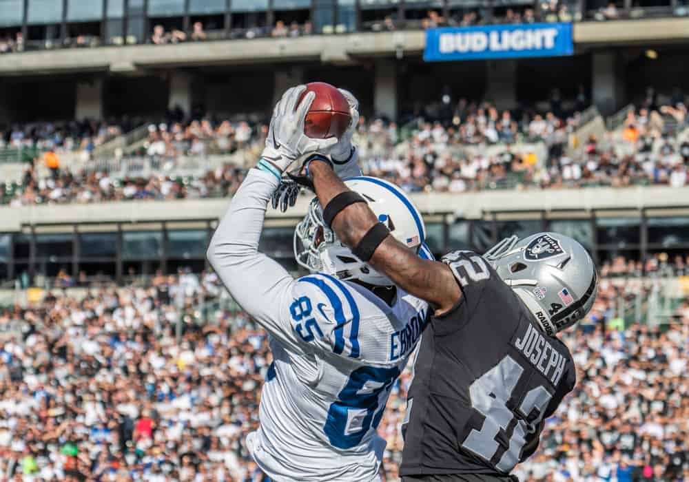 Indianapolis Colts tight end Eric Ebron (85) pulls in a pass for a touchdown with Oakland Raiders defensive back Karl Joseph (42) trying to break up the pass during the game between the Oakland Raiders and the Indianapolis Colts on Saturday, October 28, 2018 at the O.Co Stadium in Oakland, California.