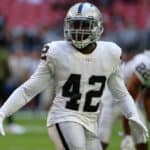 Oakland Raiders defensive back Karl Joseph (42) warms up before the NFL football game between the Oakland Raiders and the Arizona Cardinals on November 18, 2018 at State Farm Stadium in Glendale, Arizona.