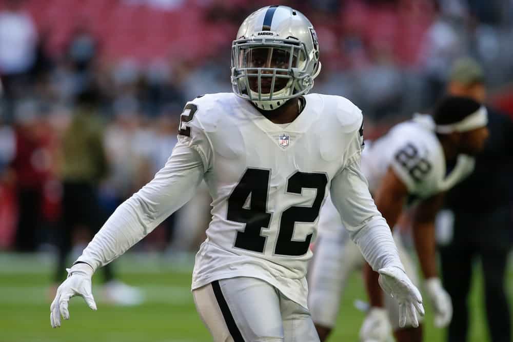 Oakland Raiders defensive back Karl Joseph (42) warms up before the NFL football game between the Oakland Raiders and the Arizona Cardinals on November 18, 2018 at State Farm Stadium in Glendale, Arizona. 