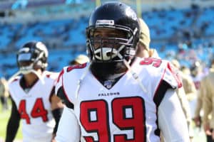 Atlanta Falcons Defensive End Adrian Clayborn (99) during a NFL football game between the Atlanta Falcons and the Carolina Panthers on November 17, 2019, at Bank of America Stadium in Charlotte, NC.