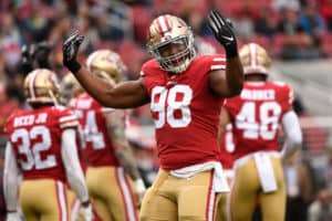 San Francisco 49ers Defensive End Ronald Blair (98) fires up the crowd after a defensive stop during the NFL game between the Seattle Seahawks and the San Francisco 49ers on December 16, 2018 at Levi's Stadium in Santa Clara, CA.