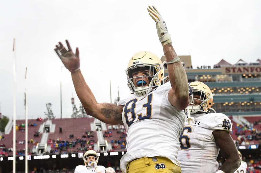 Notre Dame wide receiver Chase Claypool (83) celebrates his touchdown reception during the college football game between the Notre Dame Fighting Irish and Stanford Cardinal at Stanford Stadium on November 30, 2019 in Palo Alto, CA.