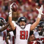 Atlanta Falcons Tight End Austin Hooper (81) celebrates but his touchdown was overturned on replay by officials during the NFL game between the Atlanta Falcons and San Francisco 49ers at Levi's Stadium on December 15, 2019 in Santa Clara, CA.