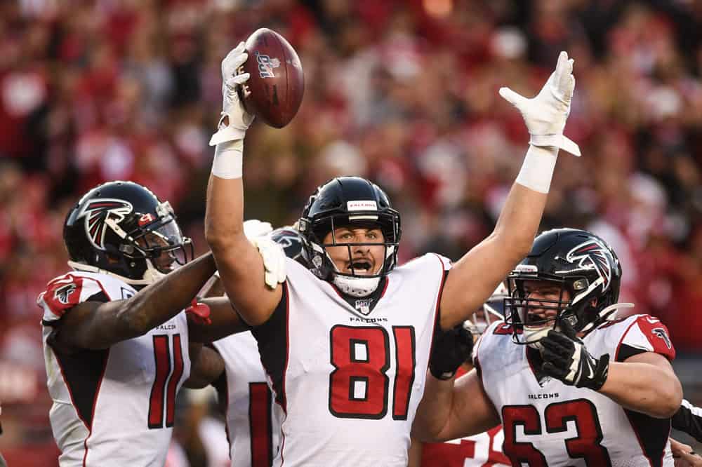 Atlanta Falcons Tight End Austin Hooper (81) celebrates but his touchdown was overturned on replay by officials during the NFL game between the Atlanta Falcons and San Francisco 49ers at Levi's Stadium on December 15, 2019 in Santa Clara, CA.