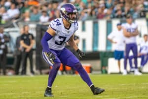 Minnesota Vikings strong safety Andrew Sendejo (34) during the National Football League game between the Minnesota Vikings and the Philadelphia Eagles on October 7, 2018 at Lincoln Financial Field in Philadelphia, PA.