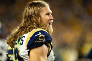 Los Angeles Rams outside linebacker Clay Matthews (52) looks on during the NFL football game between the Los Angeles Rams and the Pittsburgh Steelers on November 10, 2019 at Heinz Field in Pittsburgh, PA.