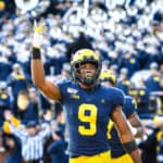 Michigan Wolverines wide receiver Donovan Peoples-Jones (9) celebrates his long touchdown reception during the Michigan Wolverines versus Michigan State Spartans game on Saturday November 16, 2019 at Michigan Stadium in Ann Arbor, MI.