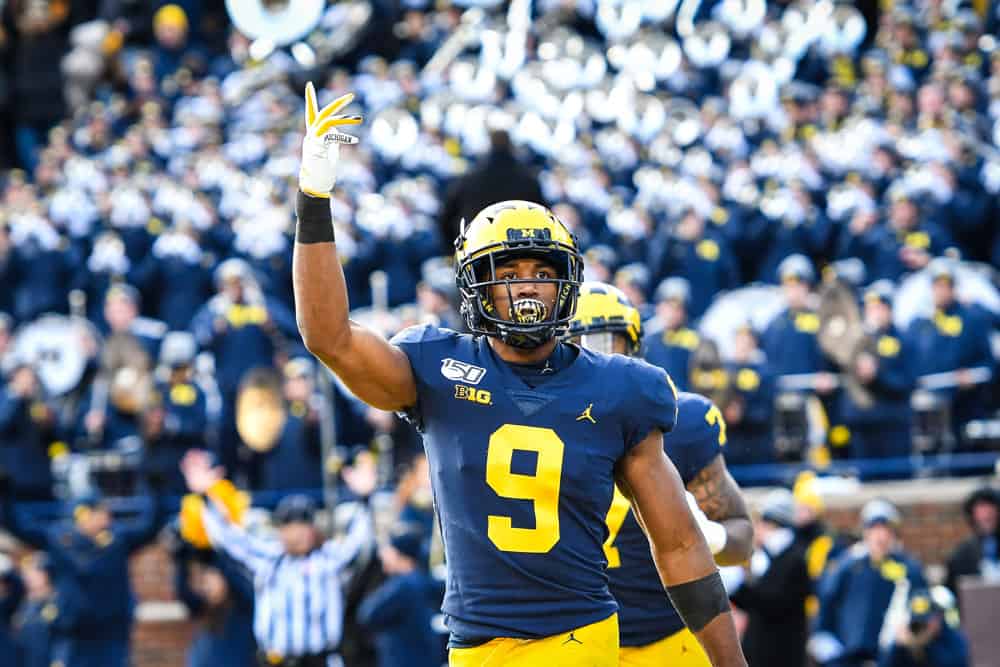 Michigan Wolverines wide receiver Donovan Peoples-Jones (9) celebrates his long touchdown reception during the Michigan Wolverines versus Michigan State Spartans game on Saturday November 16, 2019 at Michigan Stadium in Ann Arbor, MI.