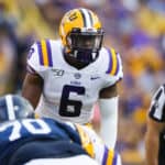 LSU Tigers linebacker Jacob Phillips (6) looks into the backfield during the game between the LSU Tigers and Georgia Southern Eagles at LSU Tiger Stadium on August 31, 2019 in Baton Rouge, LA.