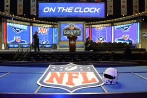 Final preparations are made prior to the start of the first round of the NFL Draft at Radio City Music Hall in Manhattan, NY.