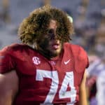 Alabama Crimson Tide offensive lineman Jedrick Wills Jr. (74) exits the field after a game between the LSU Tigers and Alabama Crimson Tide on November 3, 2018 at Tiger Stadium, in Baton Rouge, Louisiana.