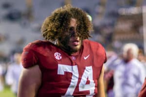 Alabama Crimson Tide offensive lineman Jedrick Wills Jr. (74) exits the field after a game between the LSU Tigers and Alabama Crimson Tide on November 3, 2018 at Tiger Stadium, in Baton Rouge, Louisiana.