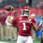 Oklahoma Sooners quarterback Jalen Hurts (#1) warms up during the Big 12 championship college football game between the Oklahoma Sooners and Baylor Bears on December 7, 2019, at AT&T Stadium in Arlington, TX.