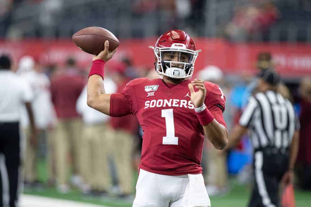 Oklahoma Sooners quarterback Jalen Hurts (#1) warms up during the Big 12 championship college football game between the Oklahoma Sooners and Baylor Bears on December 7, 2019, at AT&T Stadium in Arlington, TX.