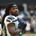 Seattle Seahawks Linebacker Jadeveon Clowney (90) before the NFL game between the Seattle Seahawks and the Atlanta Falcons on October 27, 2019, at Mercedes-Benz Stadium in Atlanta, GA