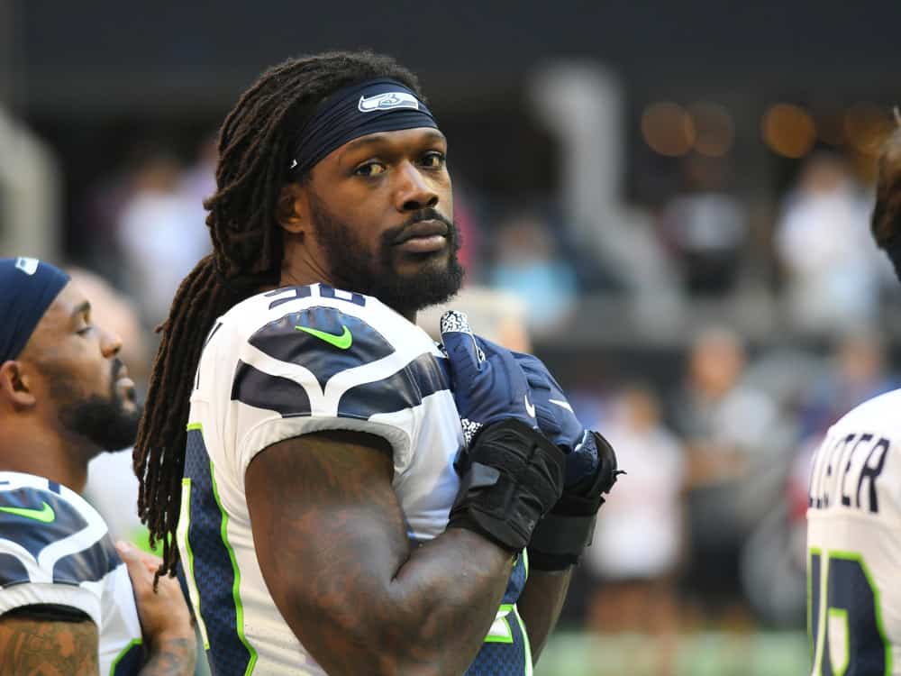 Seattle Seahawks Linebacker Jadeveon Clowney (90) before the NFL game between the Seattle Seahawks and the Atlanta Falcons on October 27, 2019, at Mercedes-Benz Stadium in Atlanta, GA