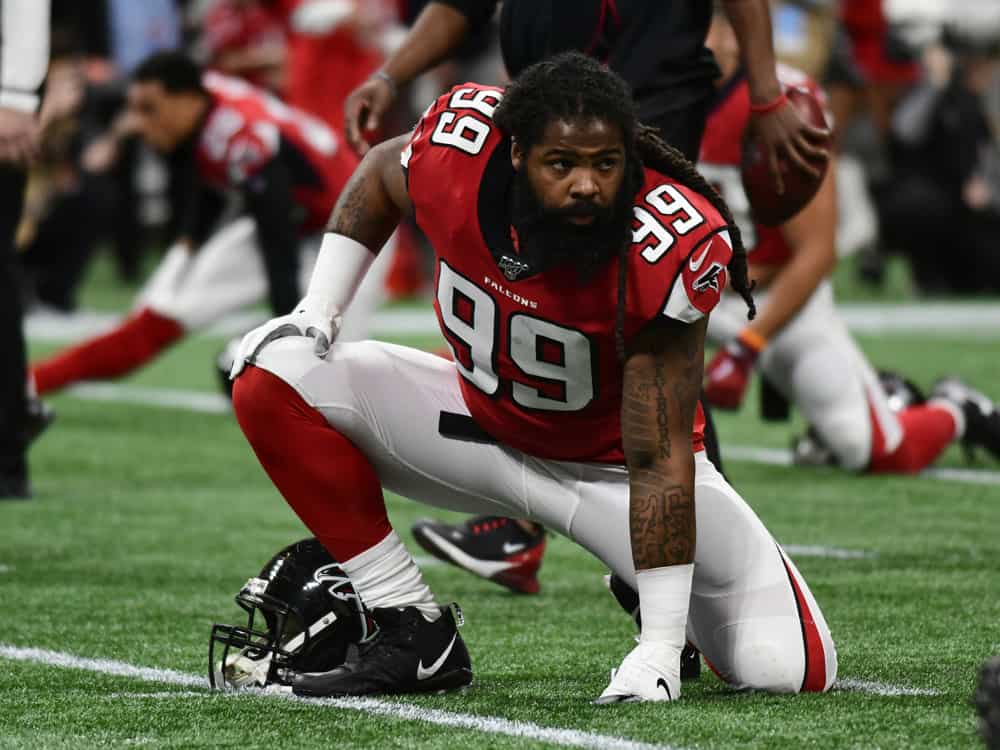 Atlanta Falcons Defensive End Adrian Clayborn (99) during warmups before the NFL game between the Jacksonville Jaguars and the Atlanta Falcons on December 22, 2019, at Mercedes-Benz Stadium in Atlanta, GA.