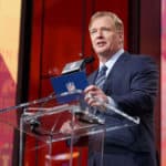 NFL Commissioner Roger Goodell announces the Washington Redskins pick during the first round of the NFL Draft on April 26, 2018 at AT&T Stadium in Arlington, TX.