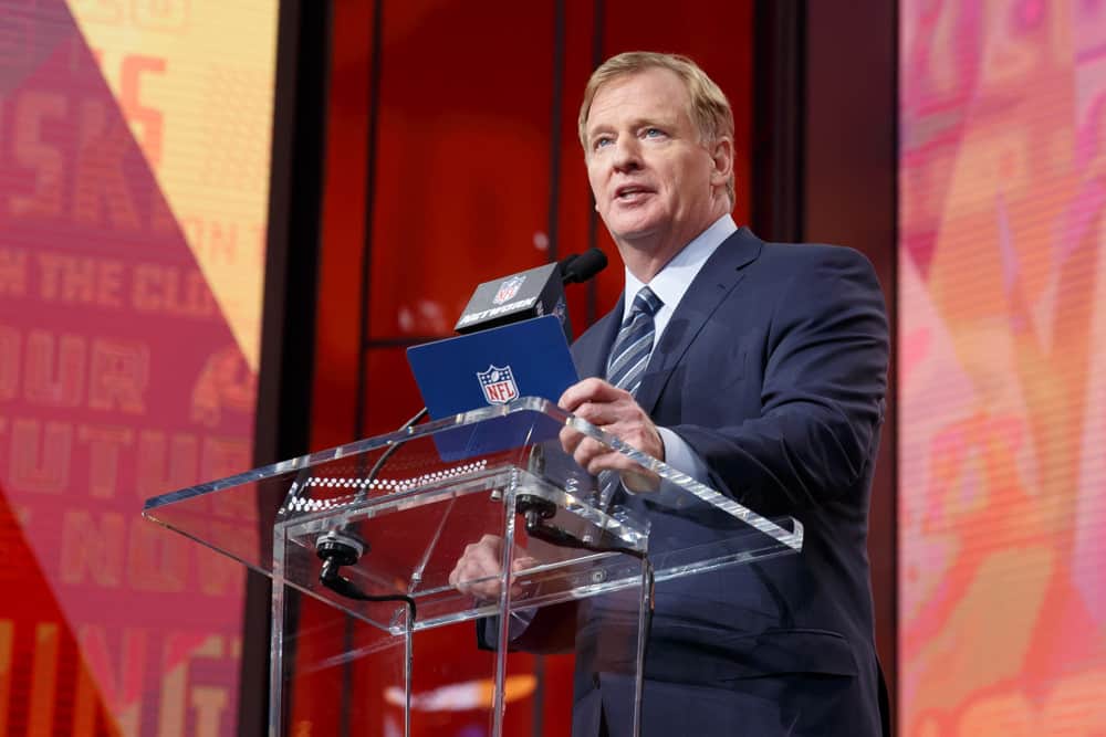 NFL Commissioner Roger Goodell announces the Washington Redskins pick during the first round of the NFL Draft on April 26, 2018 at AT&T Stadium in Arlington, TX.