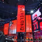 The Cleveland Browns logo on the video board during the first round at the 2018 NFL Draft at AT&T Stadium on April 26, 2018 at AT&T Stadium in Arlington Texas.