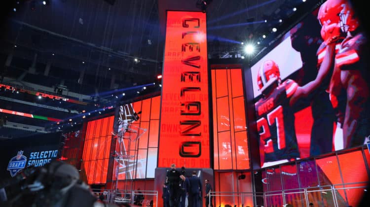 The Cleveland Browns logo on the video board during the first round at the 2018 NFL Draft at AT&T Stadium on April 26, 2018 at AT&T Stadium in Arlington Texas.