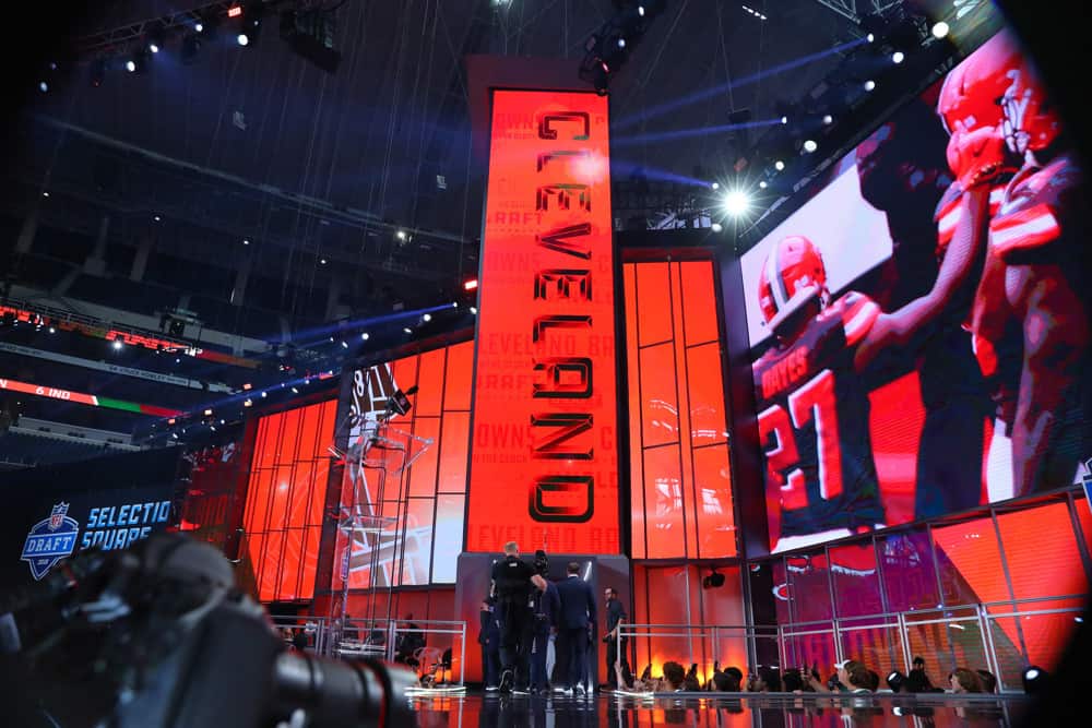 The Cleveland Browns logo on the video board during the first round at the 2018 NFL Draft at AT&T Stadium on April 26, 2018 at AT&T Stadium in Arlington Texas. 