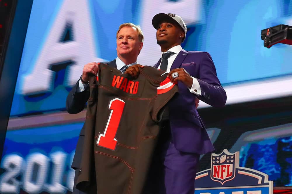 NFL Commissioner Roger Goodell poses for photos with Denzel Ward the fourth overall pick by the Cleveland Browns during the first round at the 2018 NFL Draft at AT&T Statium on April 26, 2018 at AT&T Stadium in Arlington Texas.