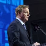 NFL Commissioner Roger Goodell during the first round of the 2019 NFL Draft on April 25, 2019, at the Draft Main Stage on Lower Broadway in downtown Nashville, TN.
