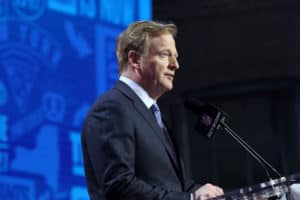 NFL Commissioner Roger Goodell during the first round of the 2019 NFL Draft on April 25, 2019, at the Draft Main Stage on Lower Broadway in downtown Nashville, TN.