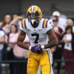 LSU Tigers safety Grant Delpit (7) during the game between the LSU Tigers and the Mississippi State Bulldogs on October 19, 2019 at Davis Wade Stadium in Starkville, Mississippi.