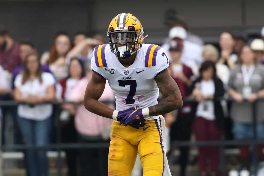 LSU Tigers safety Grant Delpit (7) during the game between the LSU Tigers and the Mississippi State Bulldogs on October 19, 2019 at Davis Wade Stadium in Starkville, Mississippi.