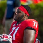 Georgia Bulldogs offensive linemen Andrew Thomas (71) during the annual G-Day Spring football game at Sanford Stadium in Athens, Ga on April 21, 2018.