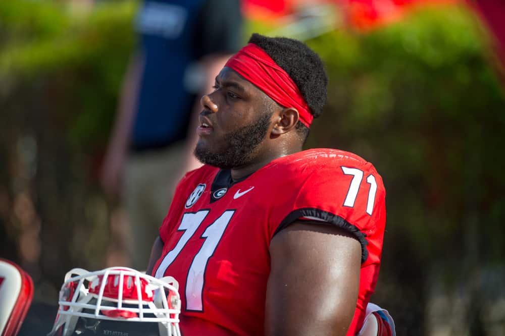 Georgia Bulldogs offensive linemen Andrew Thomas (71) during the annual G-Day Spring football game at Sanford Stadium in Athens, Ga on April 21, 2018. 