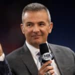 Fox Sports analyst Urban Meyer on the sidelines before the Big 10 Championship game between the Wisconsin Badgers and Ohio State Buckeyes on December 7, 2019, at Lucas Oil Stadium in Indianapolis, IN.