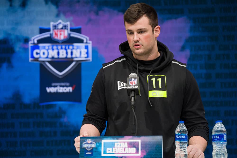 Boise State offensive lineman Ezra Cleveland answers questions from the media during the NFL Scouting Combine on February 26, 2020 at the Indiana Convention Center in Indianapolis, IN.