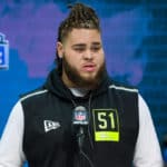 Alabama offensive lineman Jedrick Wills answers questions from the media during the NFL Scouting Combine on February 26, 2020 at the Indiana Convention Center in Indianapolis, IN.