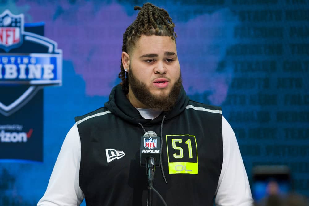 Alabama offensive lineman Jedrick Wills answers questions from the media during the NFL Scouting Combine on February 26, 2020 at the Indiana Convention Center in Indianapolis, IN.