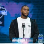 Missouri defensive lineman Jordan Elliott answers questions from the media the NFL Scouting Combine on February 27, 2020 at the Indiana Convention Center in Indianapolis, IN.