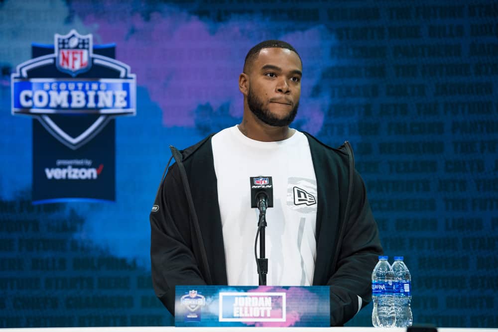 Missouri defensive lineman Jordan Elliott answers questions from the media the NFL Scouting Combine on February 27, 2020 at the Indiana Convention Center in Indianapolis, IN.