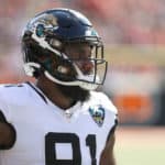 Jacksonville Jaguars defensive end Yannick Ngakoue (91) watches a play during the game against the Jacksonville Jaguars and the Cincinnati Bengals on October 20th 2019, at Paul Brown Stadium in Cincinnati, OH.