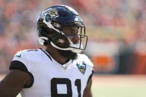 Jacksonville Jaguars defensive end Yannick Ngakoue (91) watches a play during the game against the Jacksonville Jaguars and the Cincinnati Bengals on October 20th 2019, at Paul Brown Stadium in Cincinnati, OH.