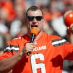 Cleveland Browns great Joe Thomas addresses the crowd during the first quarter of the National Football League game between the Los Angeles Chargers and Cleveland Browns on October 14, 2018, at FirstEnergy Stadium in Cleveland, OH. Los Angeles defeated Cleveland 38-14.