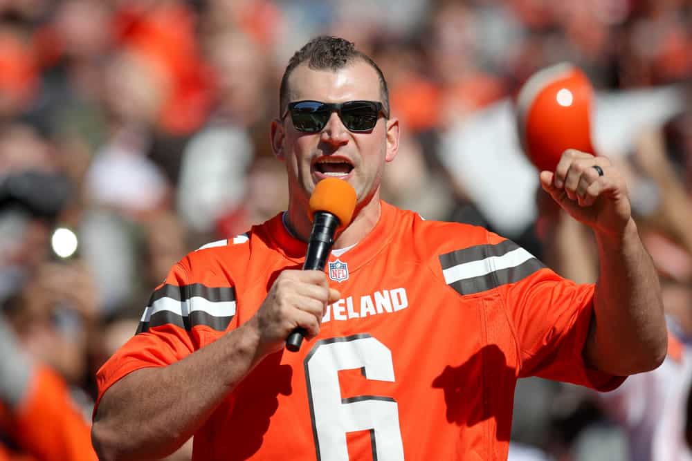 Cleveland Browns great Joe Thomas addresses the crowd during the first quarter of the National Football League game between the Los Angeles Chargers and Cleveland Browns on October 14, 2018, at FirstEnergy Stadium in Cleveland, OH. Los Angeles defeated Cleveland 38-14.