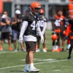 BEREA, OH - JULY 25: Cleveland Browns linebacker Sione Takitaki (44) participates in drills during the Cleveland Browns Training Camp on July 25, 2019, at the at the Cleveland Browns Training Facility in Berea, Ohio.