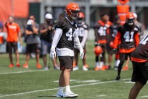 BEREA, OH - JULY 25: Cleveland Browns linebacker Sione Takitaki (44) participates in drills during the Cleveland Browns Training Camp on July 25, 2019, at the at the Cleveland Browns Training Facility in Berea, Ohio.